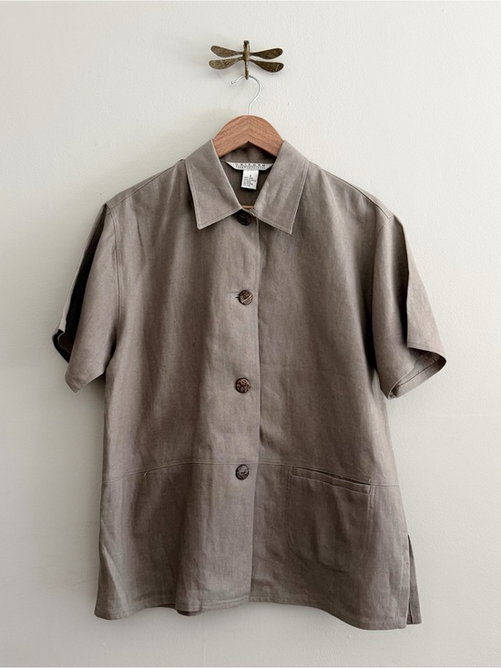 Vintage Tops - Vintage Linen Taupe Oversized Button Down Shirt Womens Small